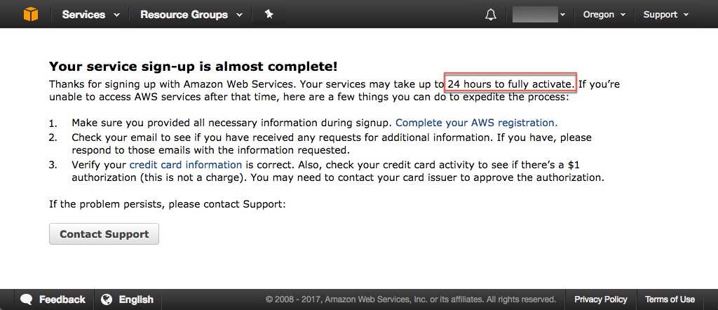 New AWS accounts can take up to 24 hours to activate.