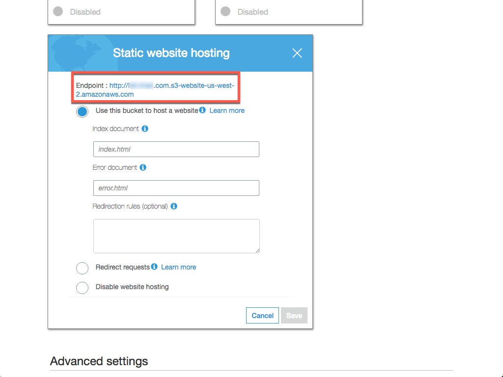 Static website hosting Endpoint name example.