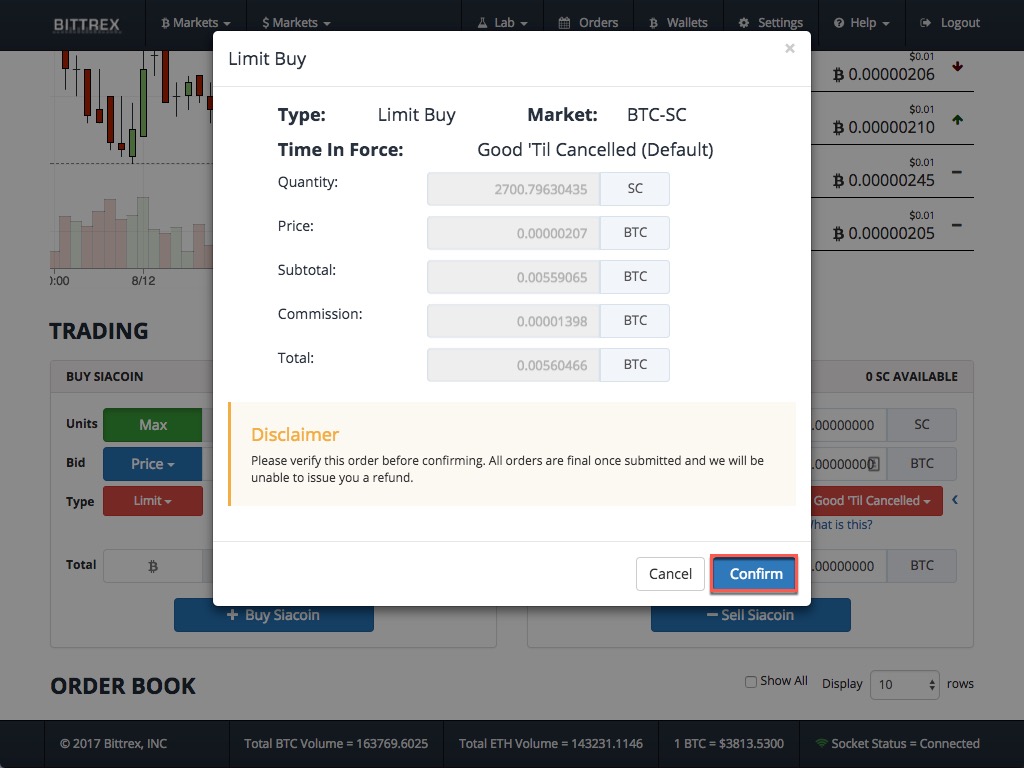 Bittrex final confirm Siacoin purchase dialog example.