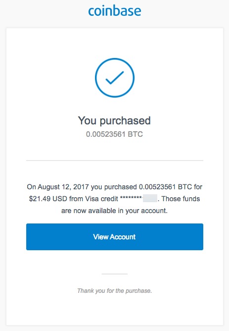 Email confirmation message from Coinbase for instant credit card BTC purchase.