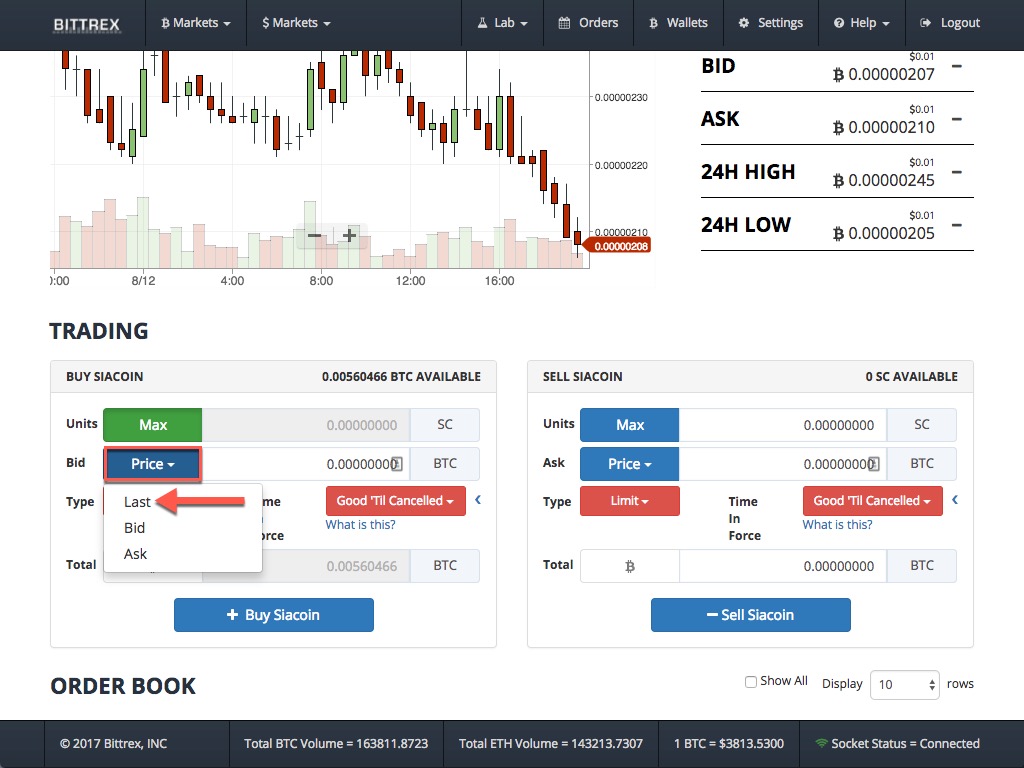 Select Last for the Siacoin purchase price example.