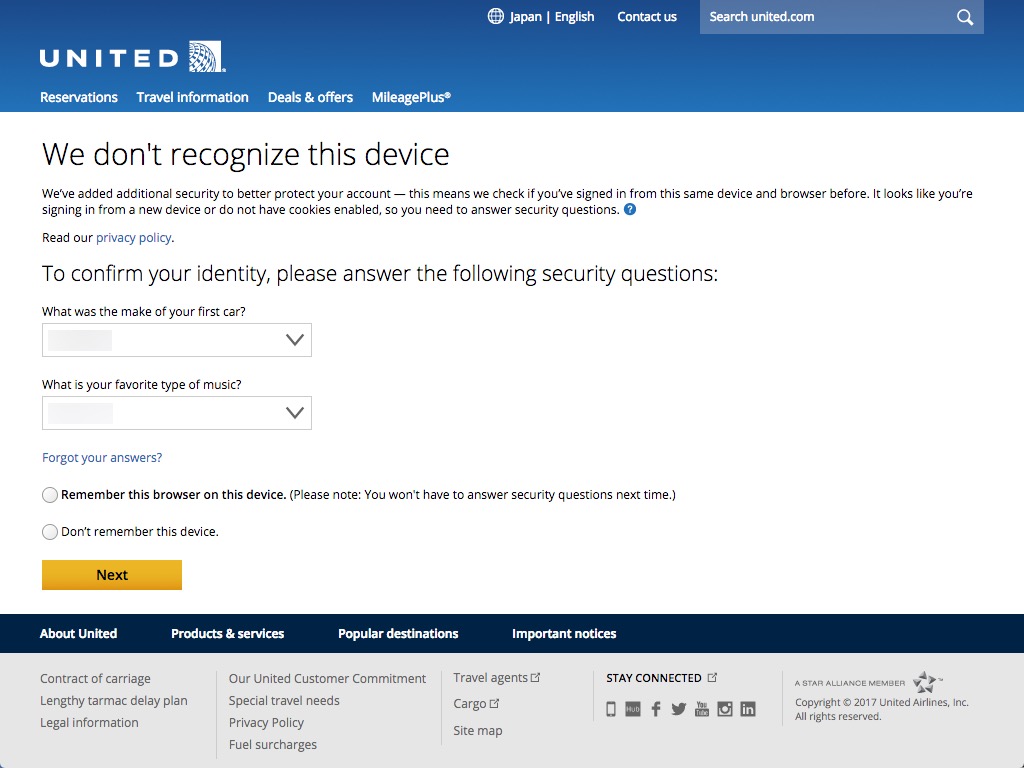 United Airlines Security Questions Required Authentication Example